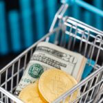 Plan vertical de pièces Bitcoin et d'argent liquide en dollars américains dans un panier, symbolisant l'économie des crypto-monnaies.